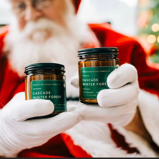 8 oz amber jar soy candle — Cascade Winter Forest — Snoqualmie Valley Candle Company