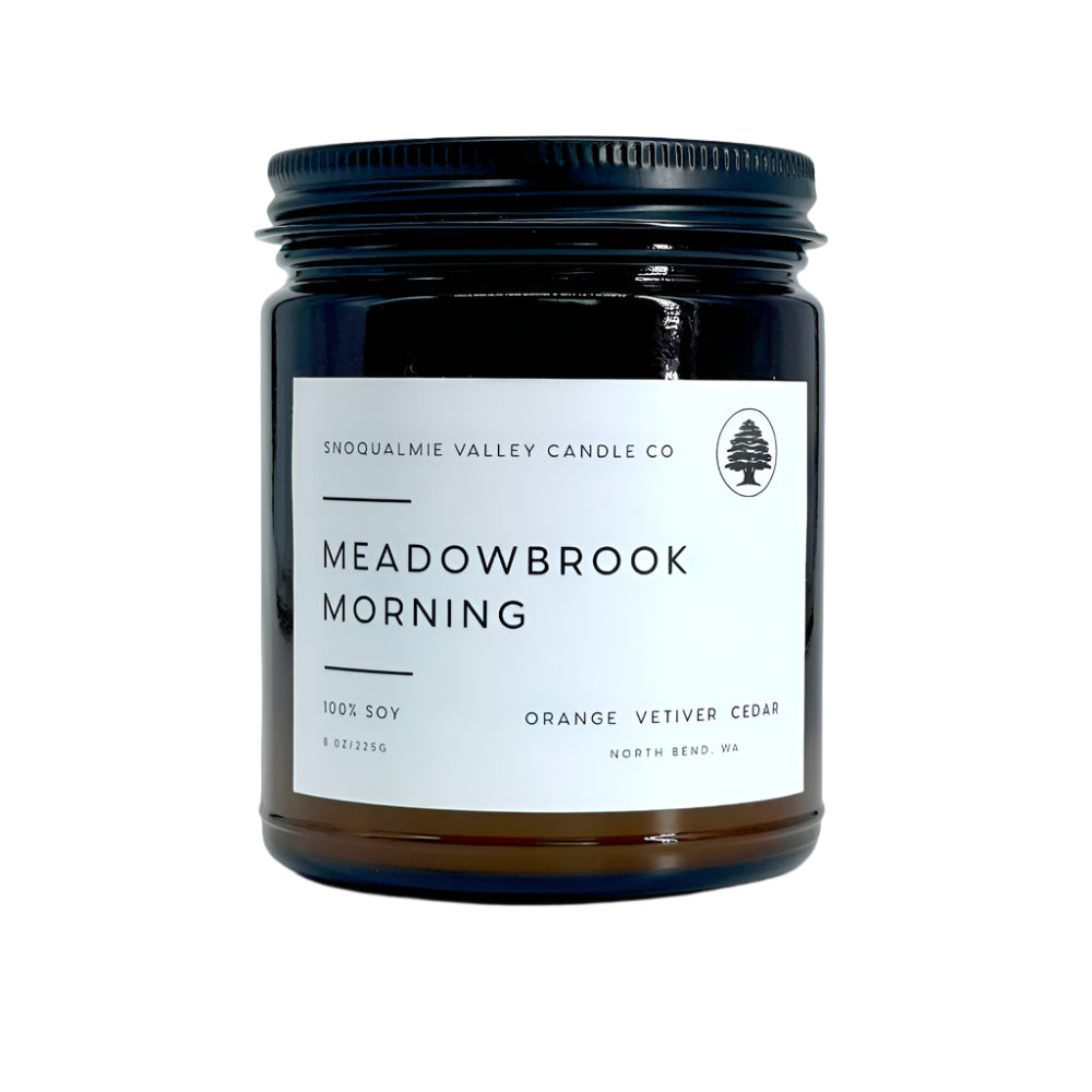 8 oz amber jar soy candle — Meadowbrook Morning — Snoqualmie Valley Candle Company