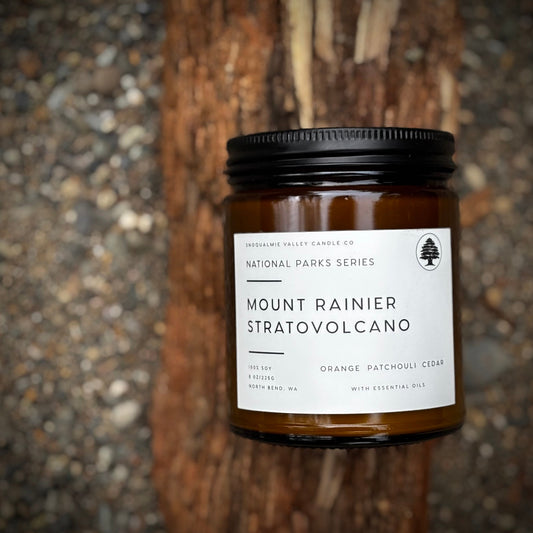 8 oz amber jar soy candle — Mount Rainier Stratovolcano — Snoqualmie Valley Candle Company