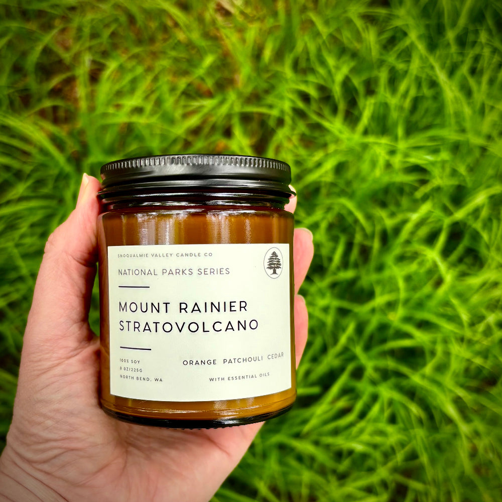8 oz amber jar soy candle — Mount Rainier Stratovolcano — Snoqualmie Valley Candle Company