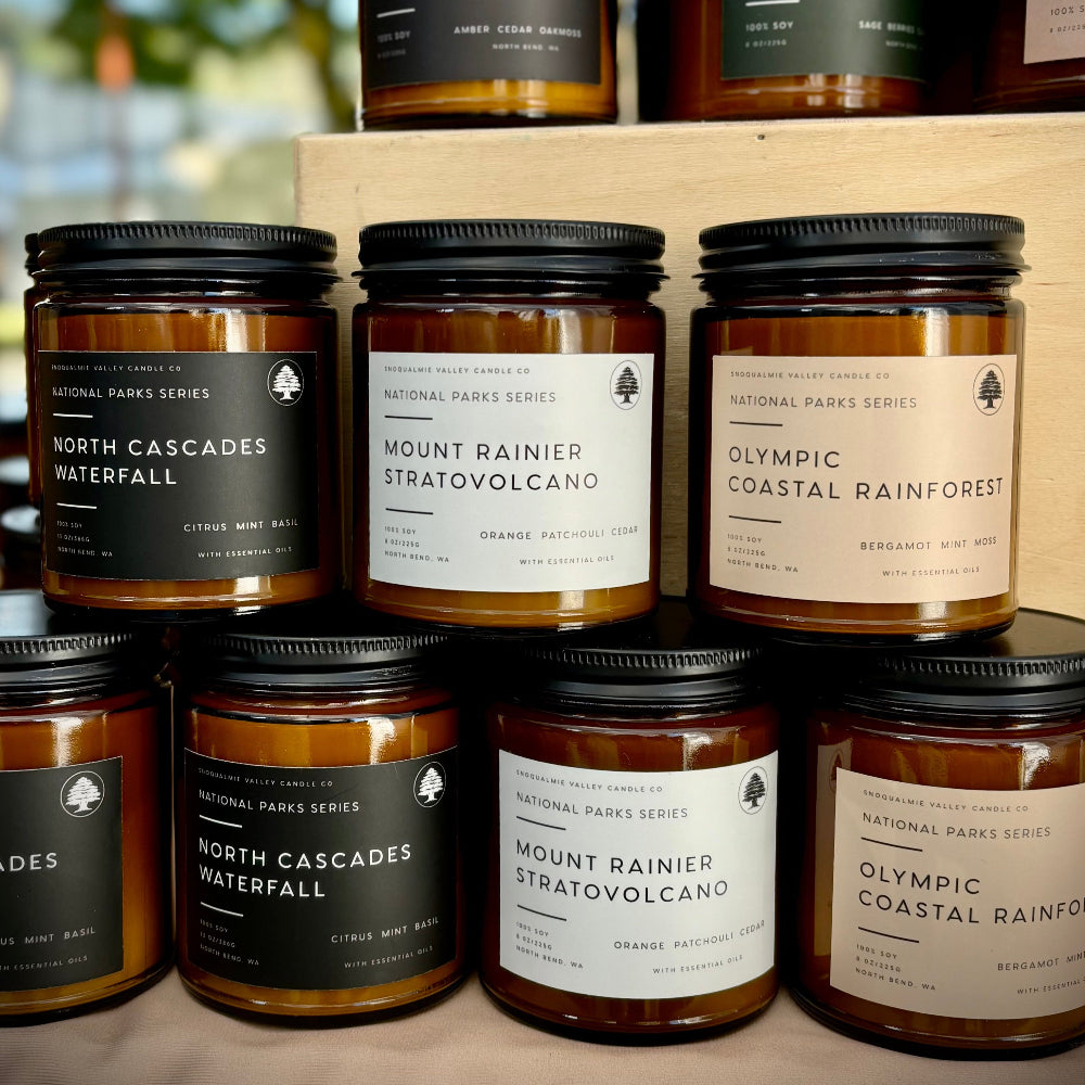 8 oz amber jar soy candle — North Cascades Waterfall — Snoqualmie Valley Candle Company