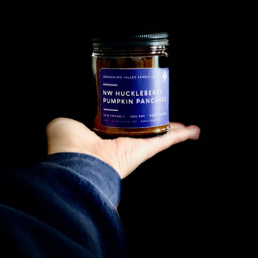 8 oz amber jar soy candle — NW Huckleberry Pumpkin Pancakes — Snoqualmie Valley Candle Company
