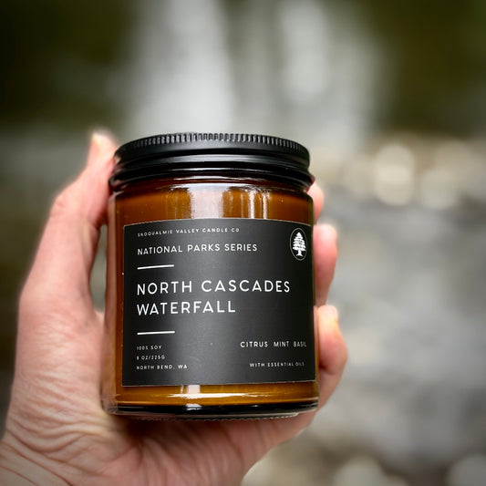 8 oz amber jar soy candle — North Cascades Waterfall — Snoqualmie Valley Candle Company