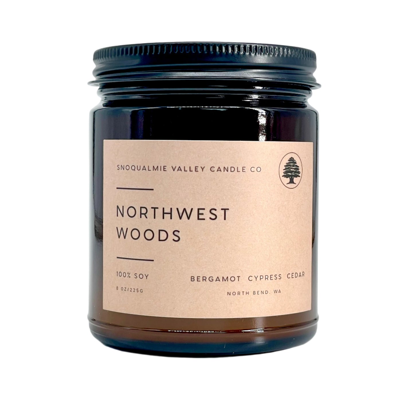 8 oz amber jar soy candle — Northwest Woods — Snoqualmie Valley Candle Company