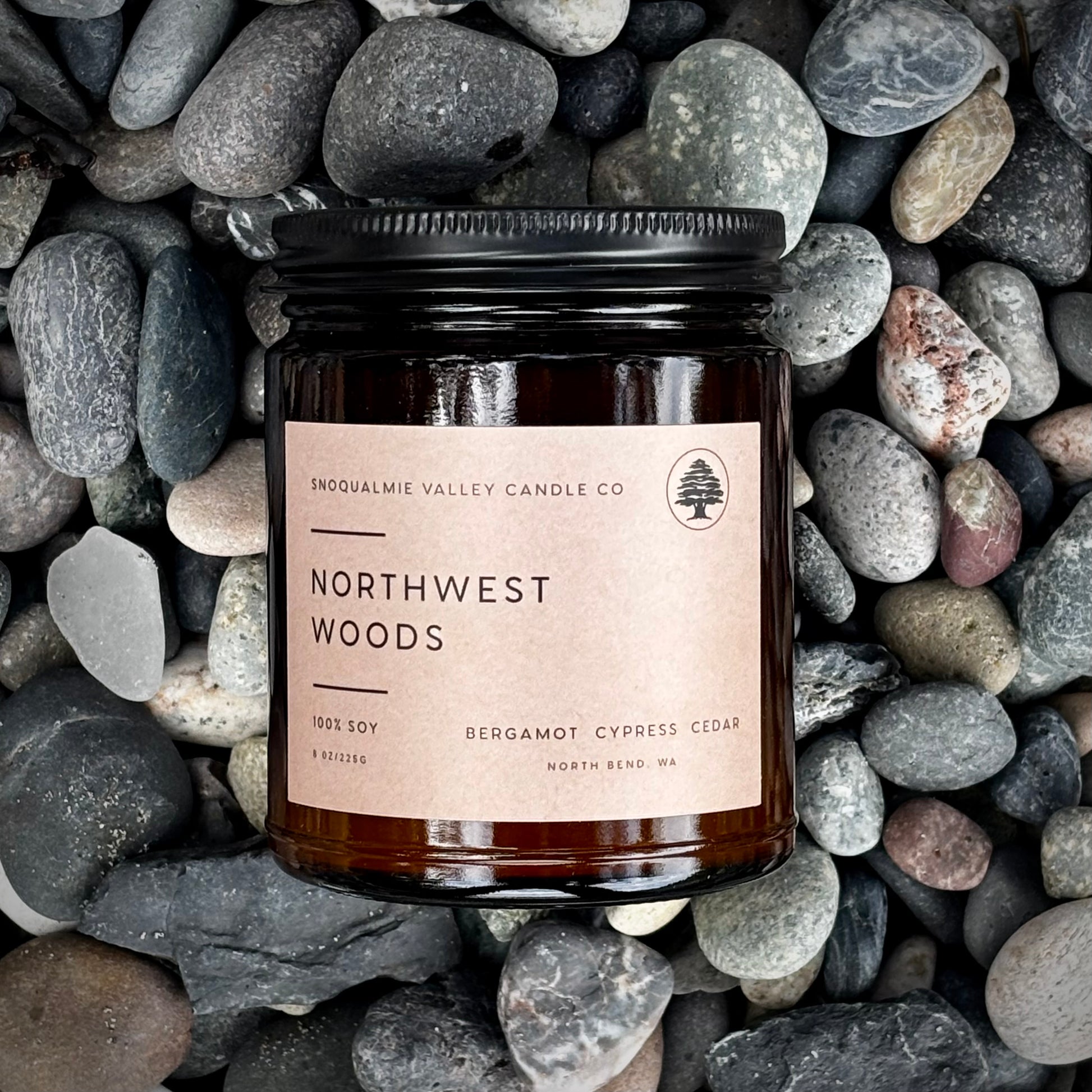 8 oz amber jar soy candle — Northwest Woods — Snoqualmie Valley Candle Company