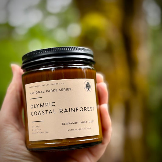 8 oz amber jar soy candle — Olympic Coastal Rainforest — Snoqualmie Valley Candle Company