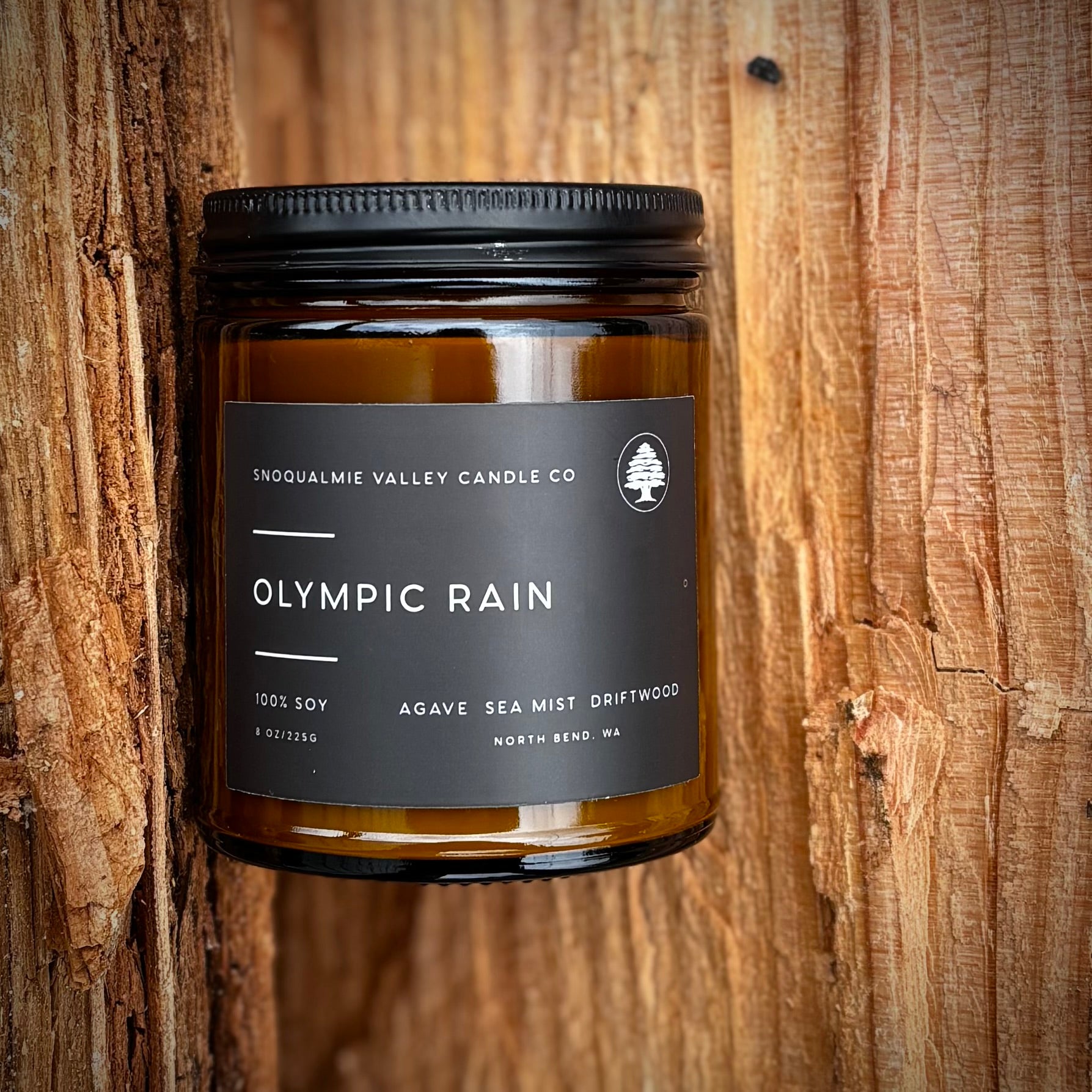 8 oz amber jar soy candle — Olympic Rain — Snoqualmie Valley Candle Company
