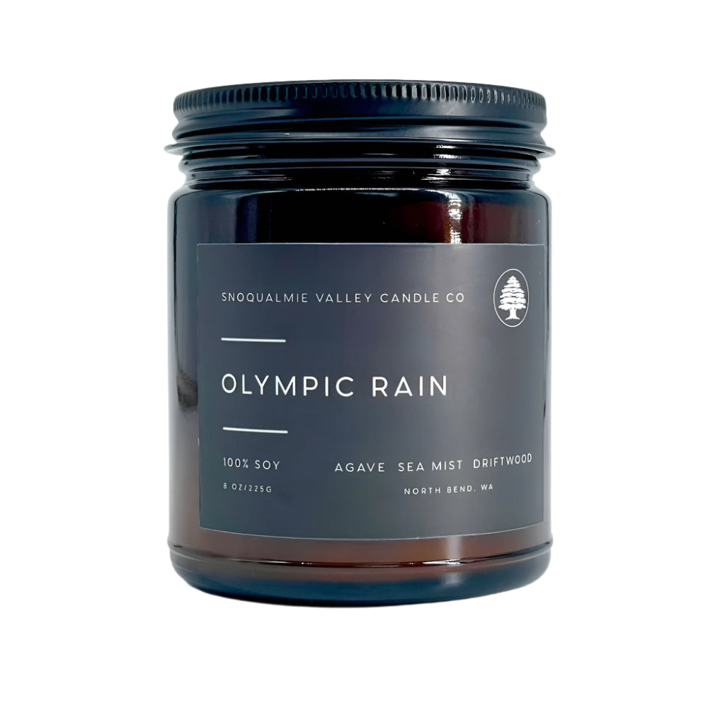 8 oz amber jar soy candle — Olympic Rain — Snoqualmie Valley Candle Company