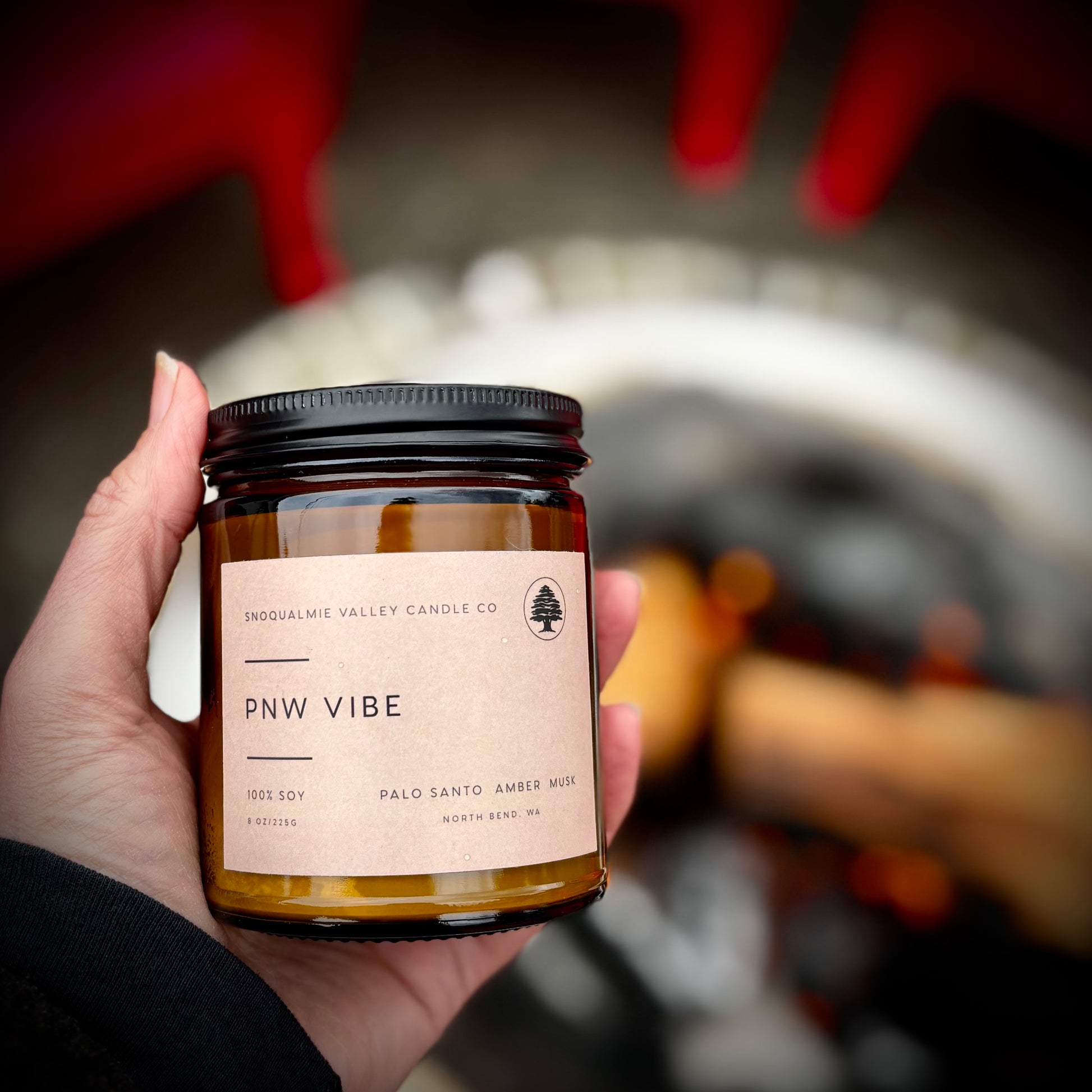 8 oz amber jar soy candle — PNW Vibe — Snoqualmie Valley Candle Company
