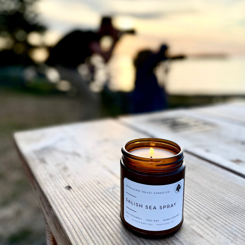 8 oz amber jar soy candle — Salish Sea Spray — Snoqualmie Valley Candle Company