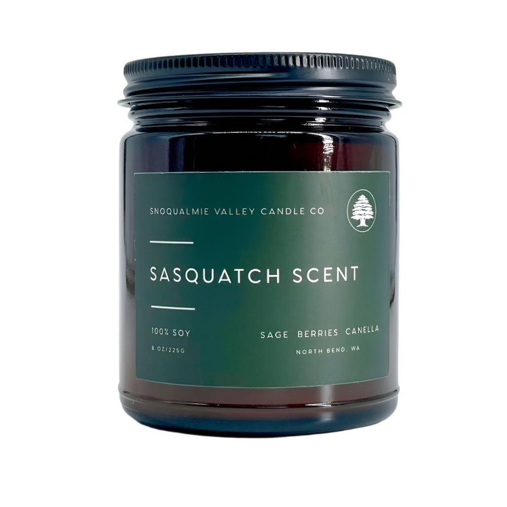 8 oz amber jar soy candle — Sasquatch Scent — Snoqualmie Valley Candle Company