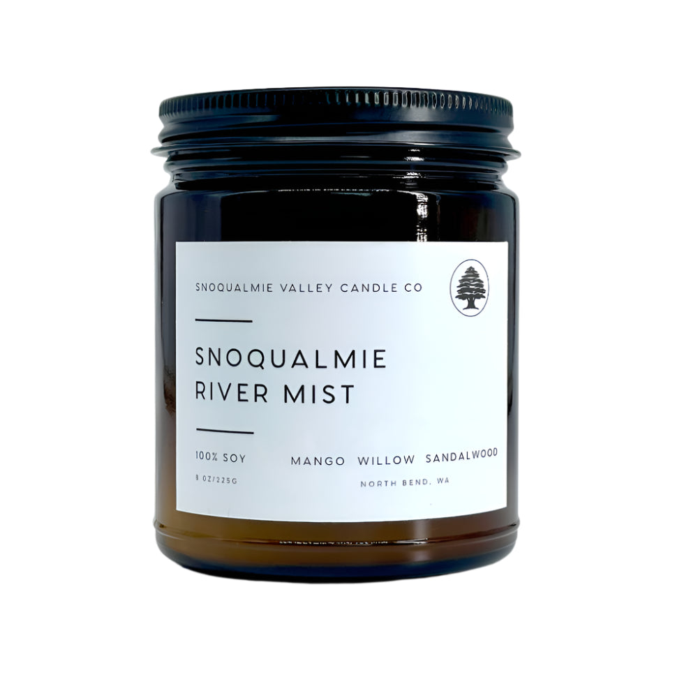 8 oz amber jar soy candle — Snoqualmie River Mist — Snoqualmie Valley Candle Company