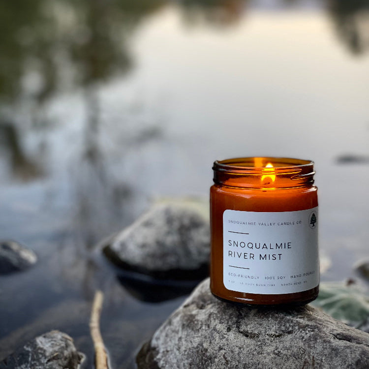 8 oz amber jar soy candle — Snoqualmie River Mist — Snoqualmie Valley Candle Company
